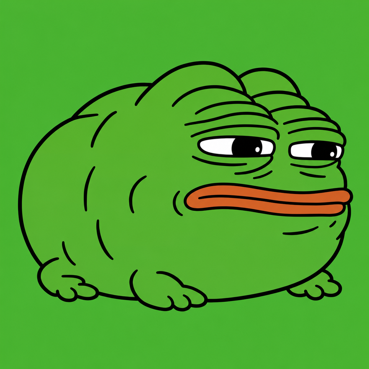 Chubby green frog with a smug side-eye and orange lips